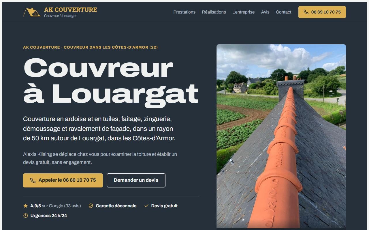 Site internet de AK Couverture, couvreur à Louargat