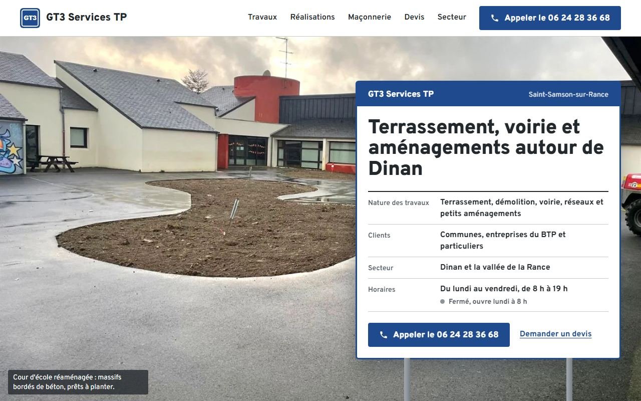 Site internet de GT3 Services TP, terrassement et voirie à près de Dinan
