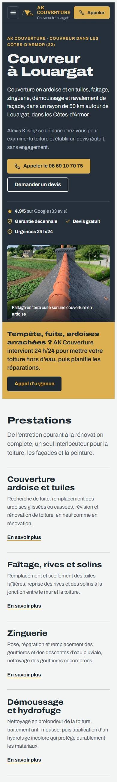 Site de AK Couverture sur téléphone, couvreur à Louargat