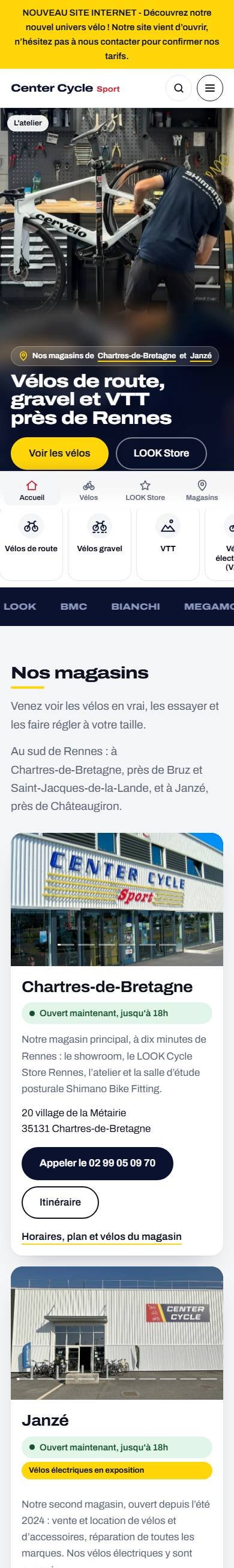 Site de Center Cycle Sport sur téléphone, magasins de vélos à Chartres-de-Bretagne et Janzé