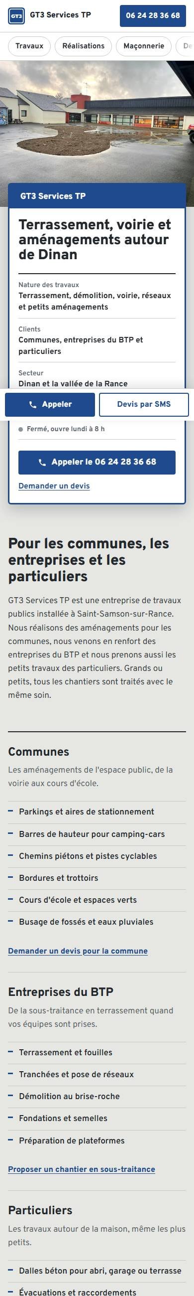 Site de GT3 Services TP sur téléphone, terrassement et voirie à près de Dinan