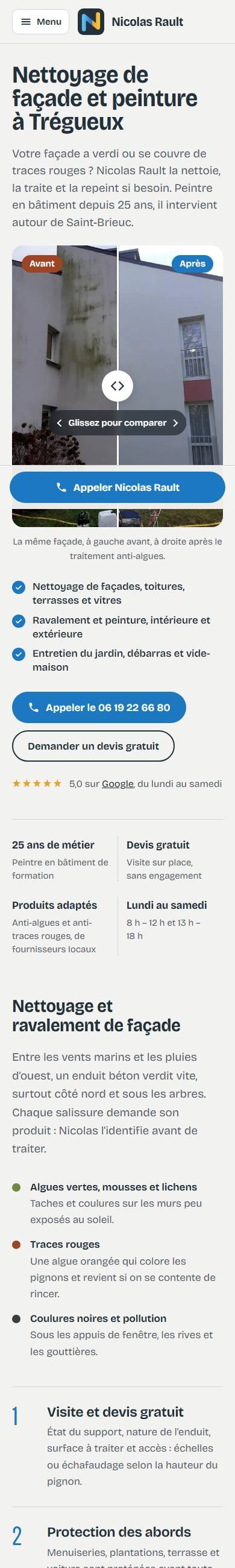 Site de Nicolas Rault sur téléphone, façades, peinture et débarras à Trégueux